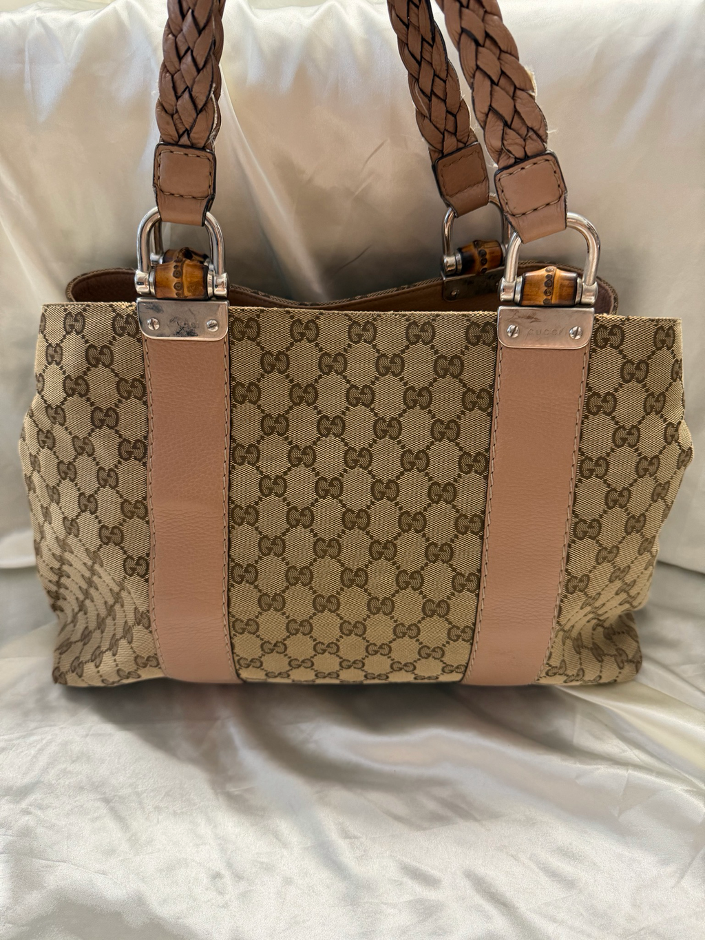 Gucci Monogram Canvas Bamboo Bar Tote Shoulder Bag