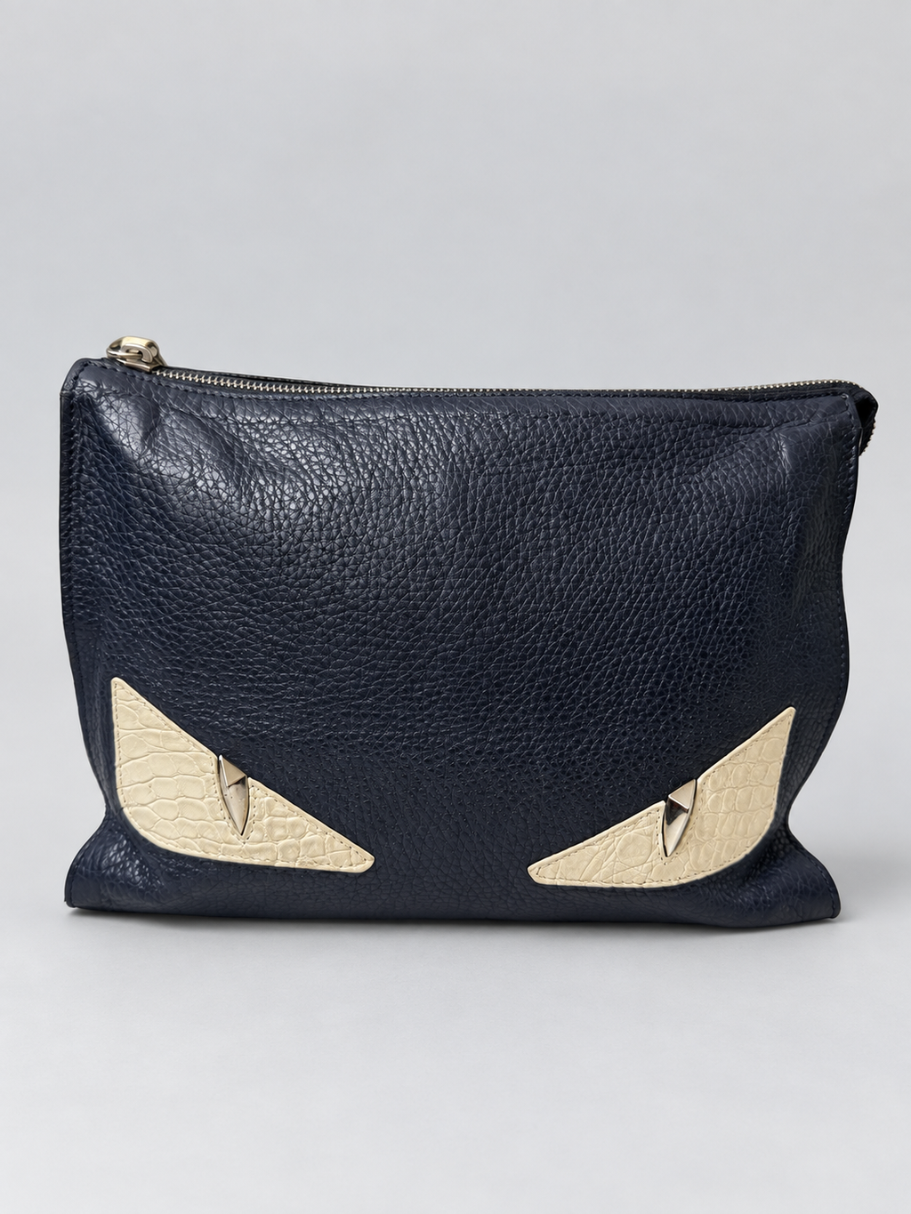 Fendi Pebbled Leather Monster Clutch Zipper Pouch