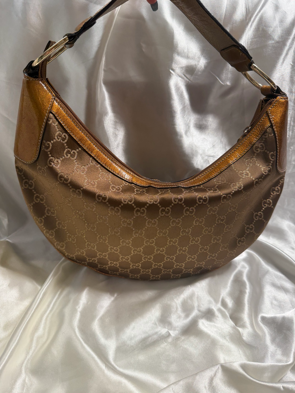 Gucci Monogram Canvas Crescent Hobo Halfmoon Shoulder Bag Metallic