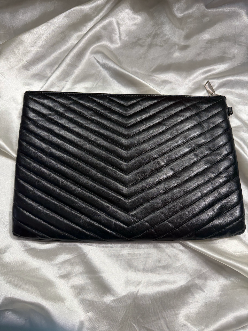 Yves Saint Laurent Matelasse Chevron Zipper Clutch in Black