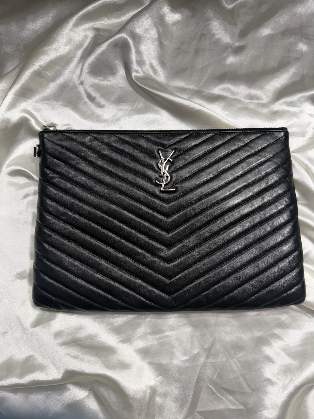 Yves Saint Laurent Matelasse Chevron Zipper Clutch in Black