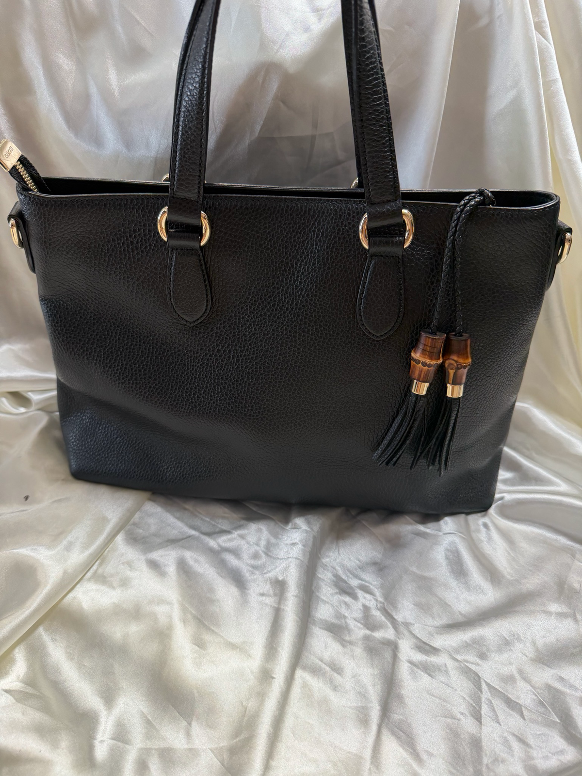 Gucci Bamboo Tassel Pebbled Leather Calfskin Crossbody Tote