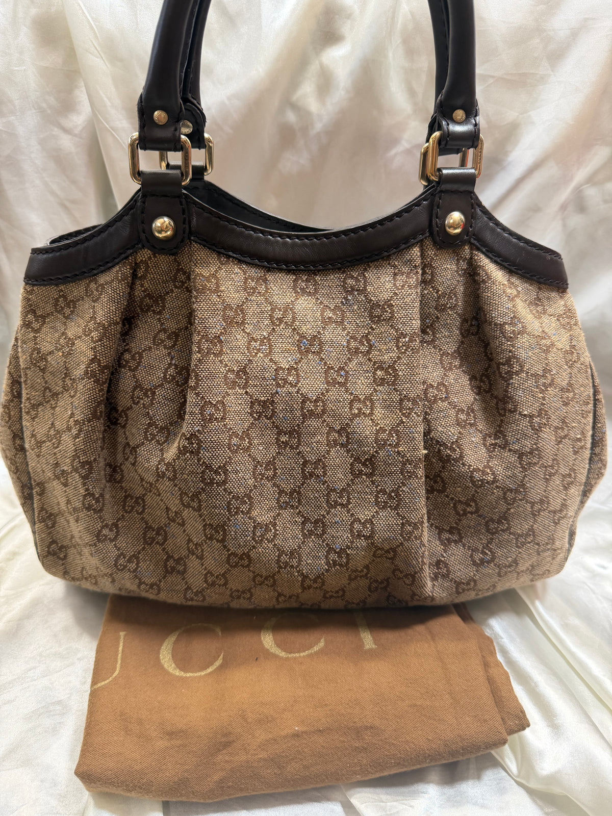 Gucci Monogram Canvas Denim Brown Sukey Medium Tote Shoulder Bag