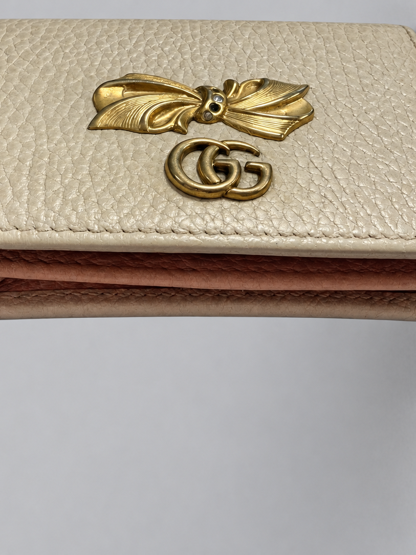 Gucci Pebbled Leather Marmont Flap Card Wallet Holder With Bow
