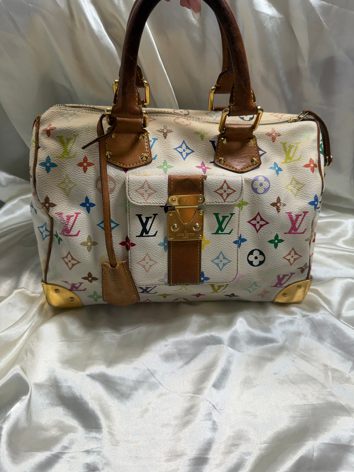 Louis Vuitton Speedy 30 Multicolor Satchel Boston Bowler in Blanc
