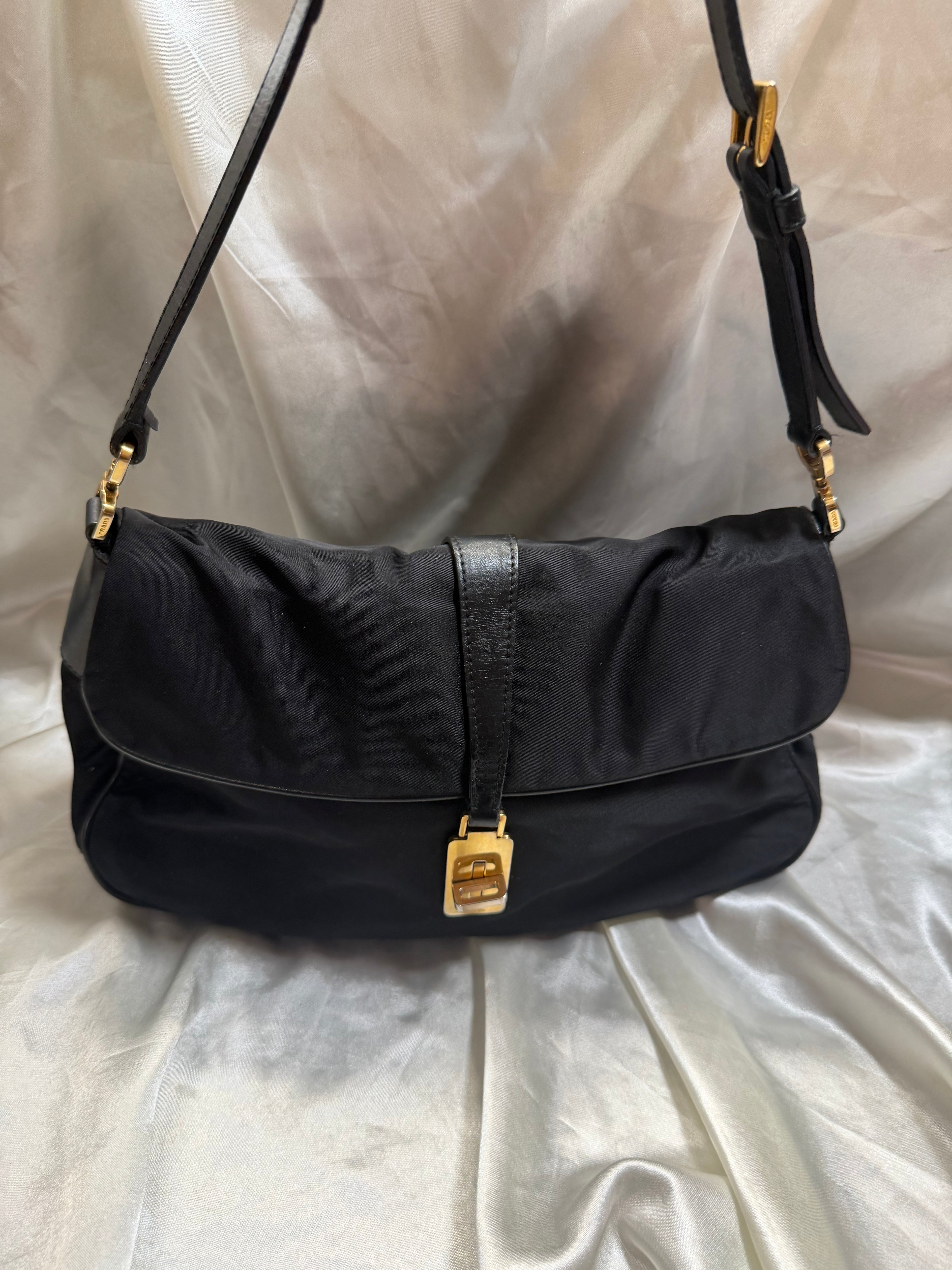 Prada Nylon Tessuto Hobo Turnlock Shoulder Flap