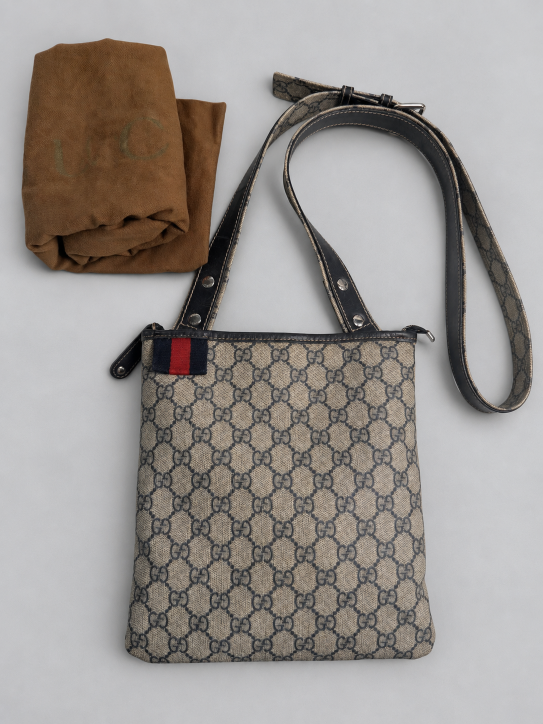 Gucci Supreme Flat Web Loop Messenger Crossbody Sling Bag in Navy Blue