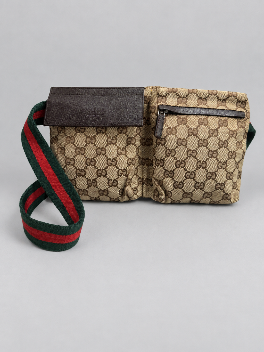 Gucci Monogram Canvas Double Pocket Waist Bag Web Strap