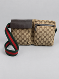 Gucci Monogram Canvas Double Pocket Waist Bag Web Strap