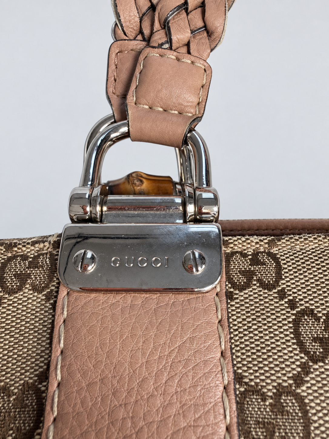Gucci Monogram Canvas Bamboo Bar Tote Shoulder Bag