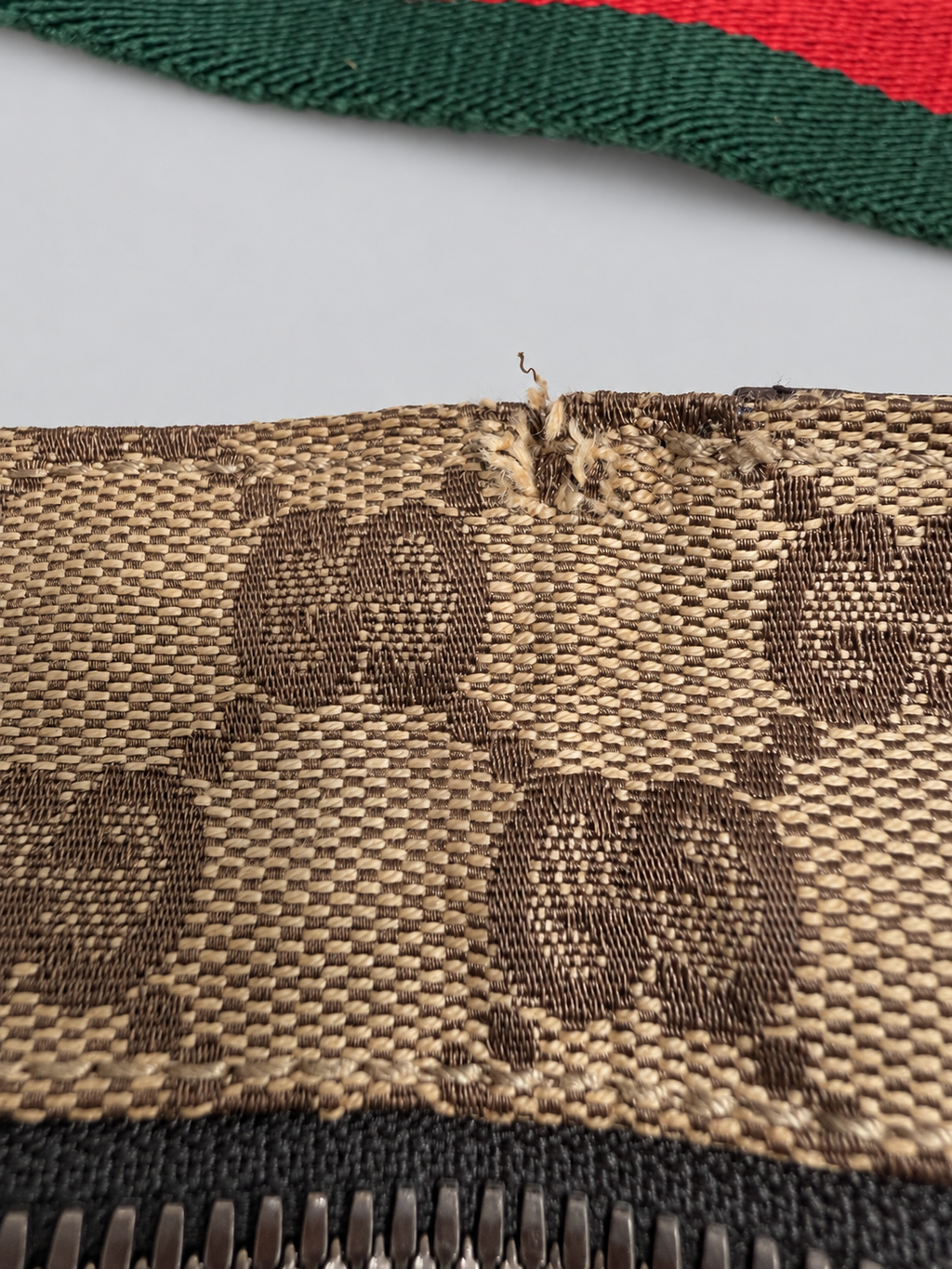 Gucci Monogram Canvas Double Pocket Waist Bag Web Strap
