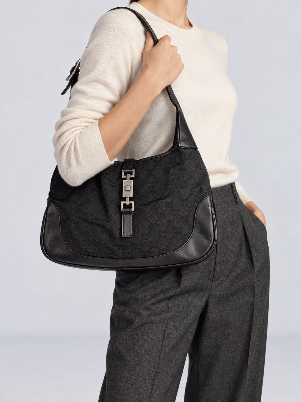 Gucci Monogram Canvas Jackie Hobo Shoulder Bag