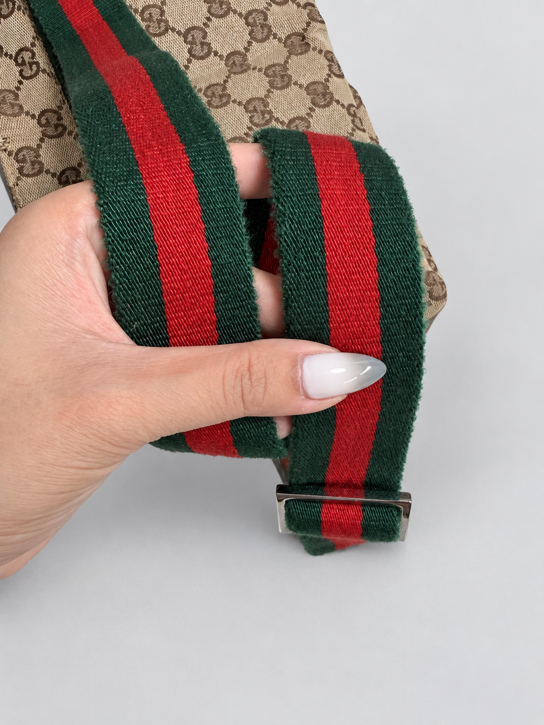 Gucci Monogram Canvas Double Pocket Waist Bag Web Strap