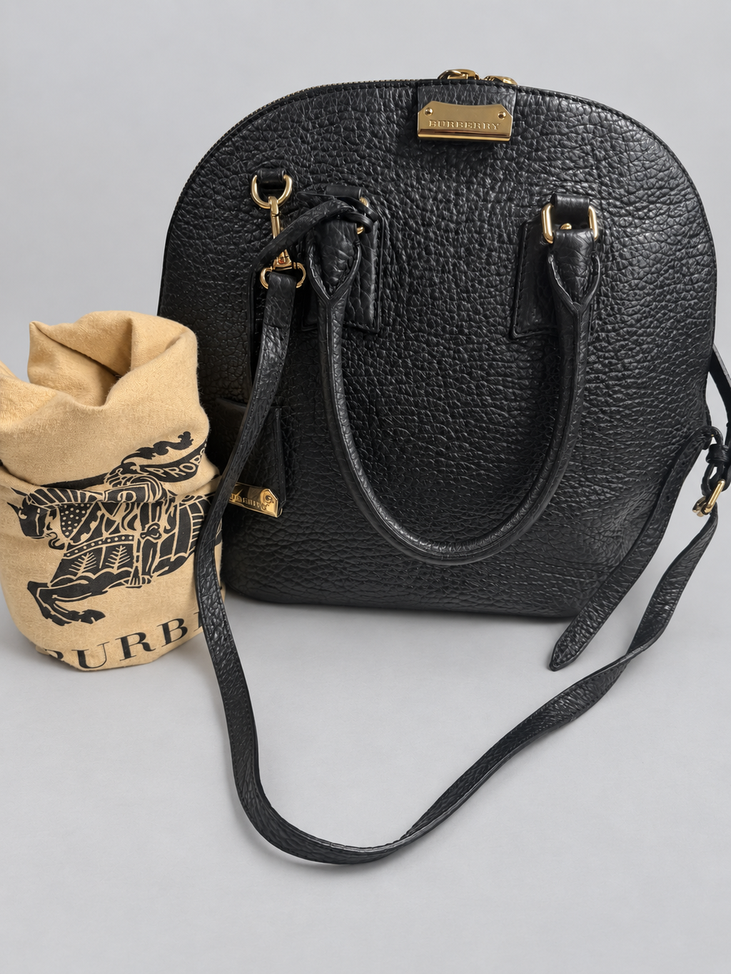 Burberry Pebbled Leather Orchard Top Handle Sling Bag in Black