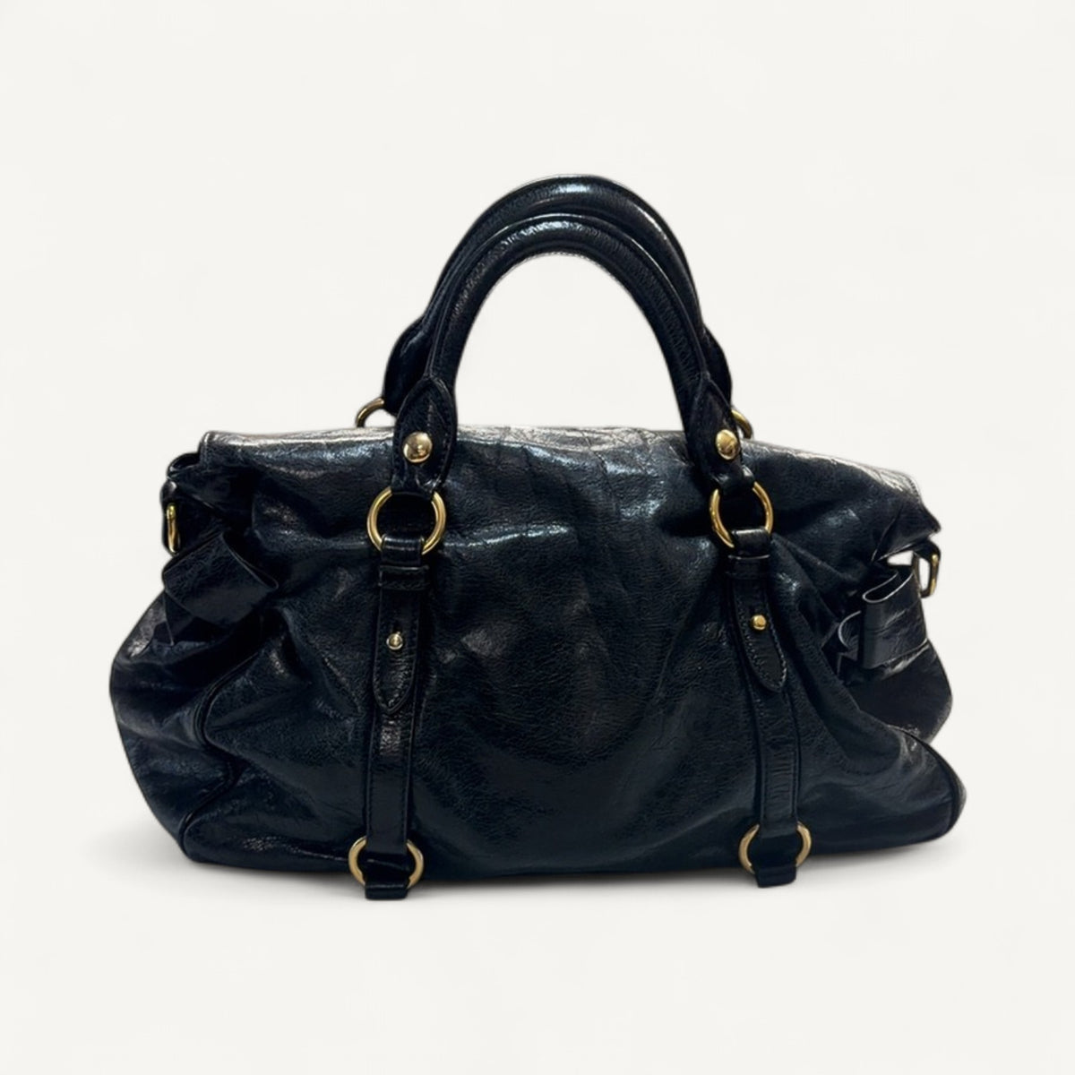 Miu Miu Bow Shine Leather Top Handle Tote in Black