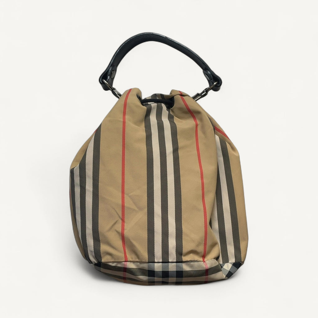 Burberry Vintage Check & Icon Stripe Drawstring Bucket Bag in Brown
