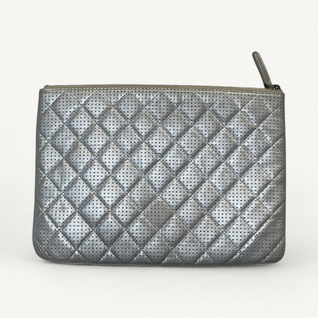 Chanel Perforated Quilted Zip Pouch in Silver