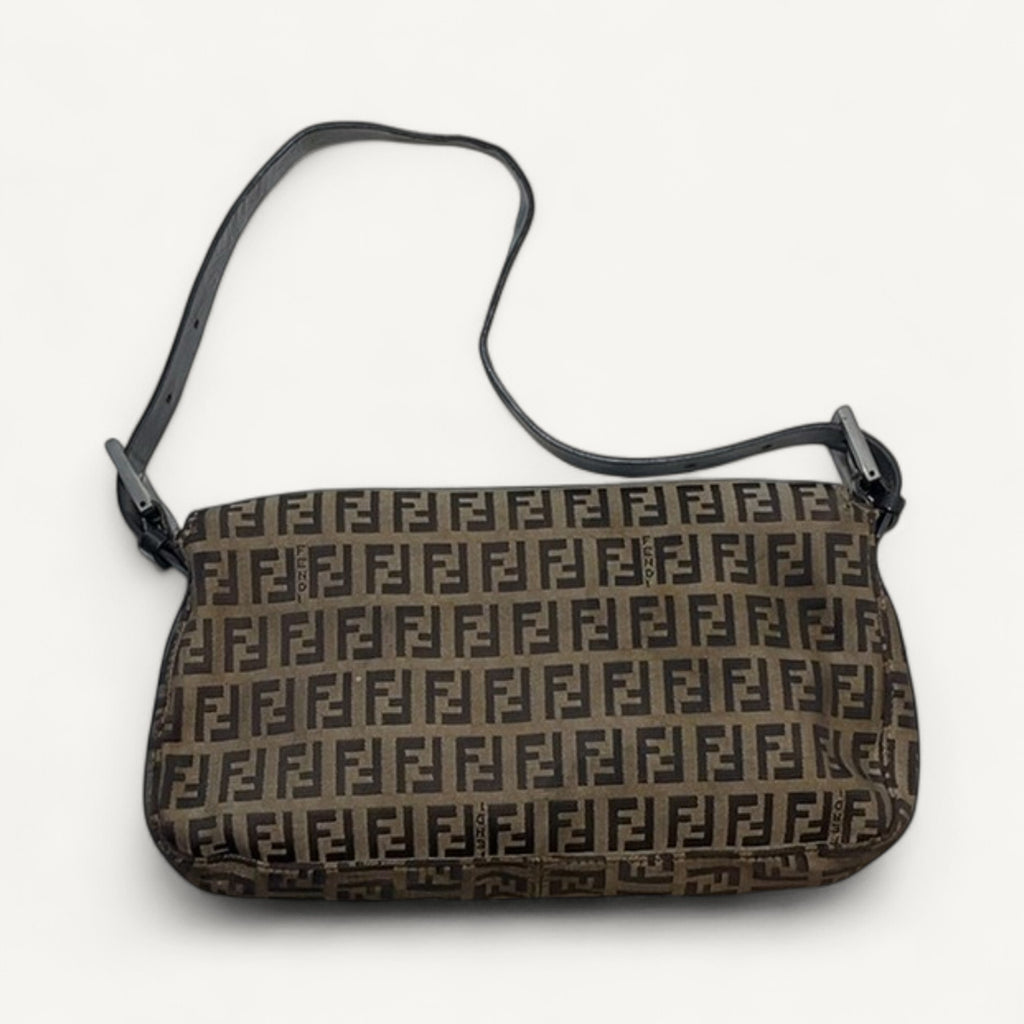 Fendi FF Logo Canvas Double Flap Shoulder Bag in Brown & Dark Brown