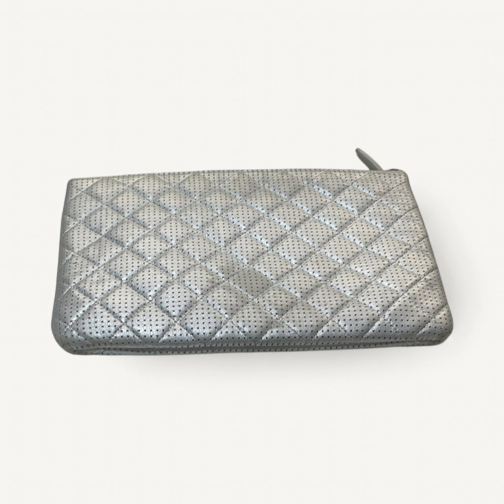 Chanel Perforated Quilted Zip Pouch in Silver