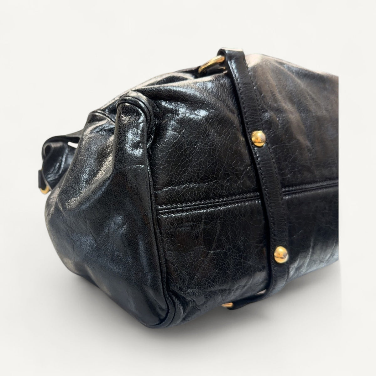 Miu Miu Bow Shine Leather Top Handle Tote in Black