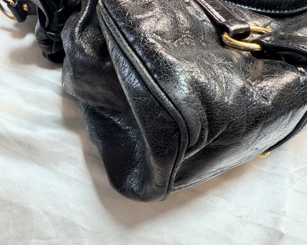 Miu Miu Bow Shine Leather Top Handle Tote in Black