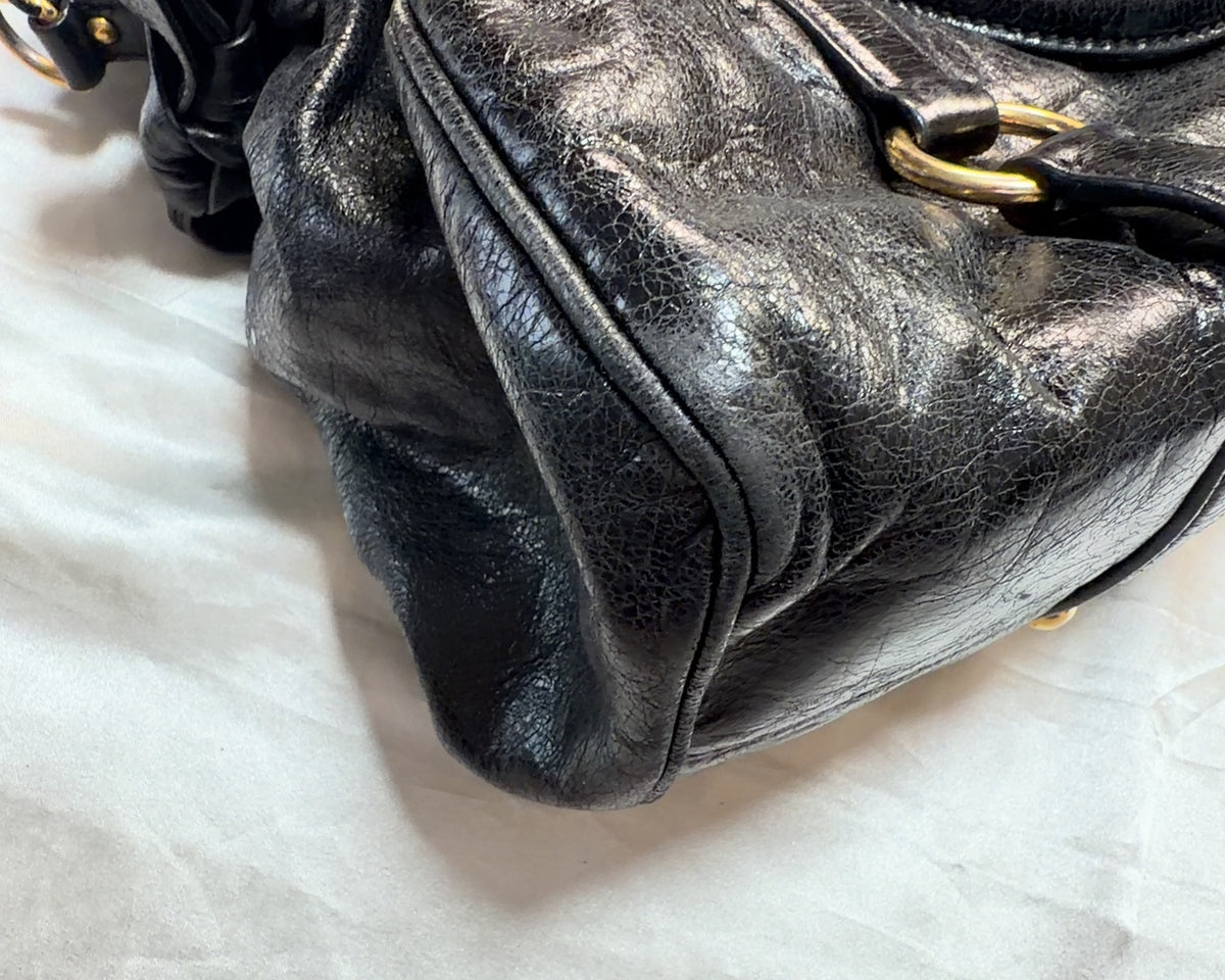 Miu Miu Bow Shine Leather Top Handle Tote in Black