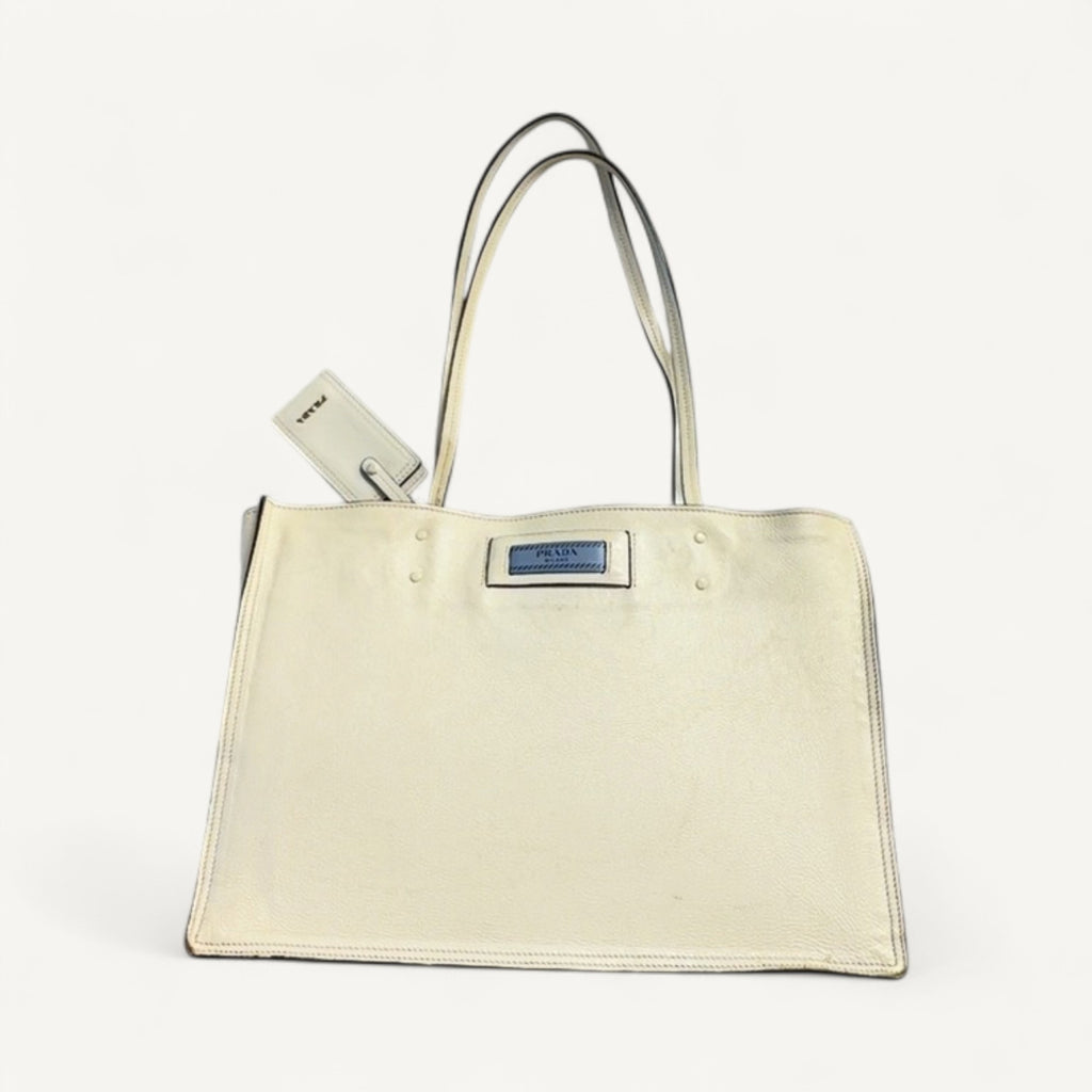 Prada Glace Calf Etiquette Leather Tote in White