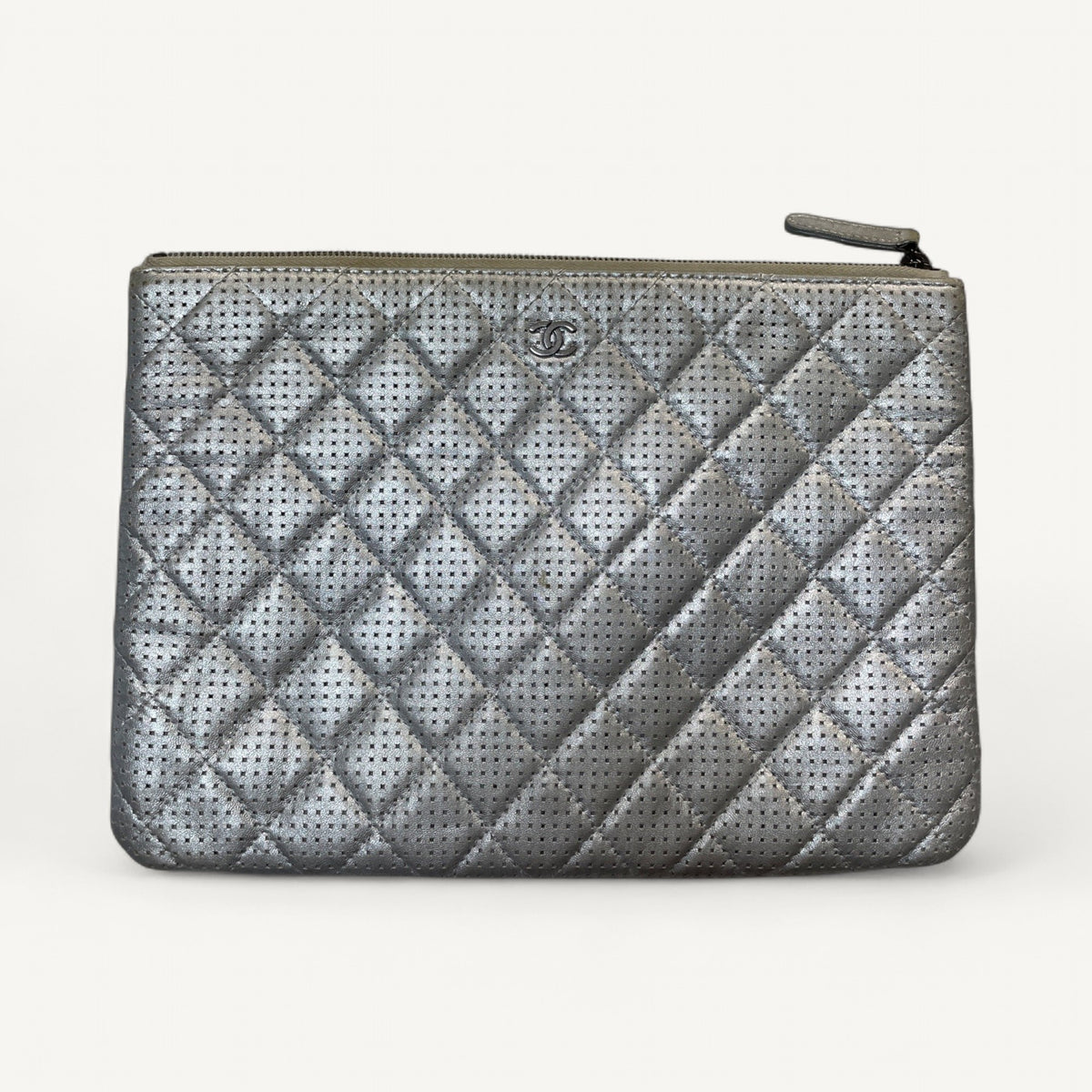 Chanel Perforated Quilted Zip Pouch in Silver