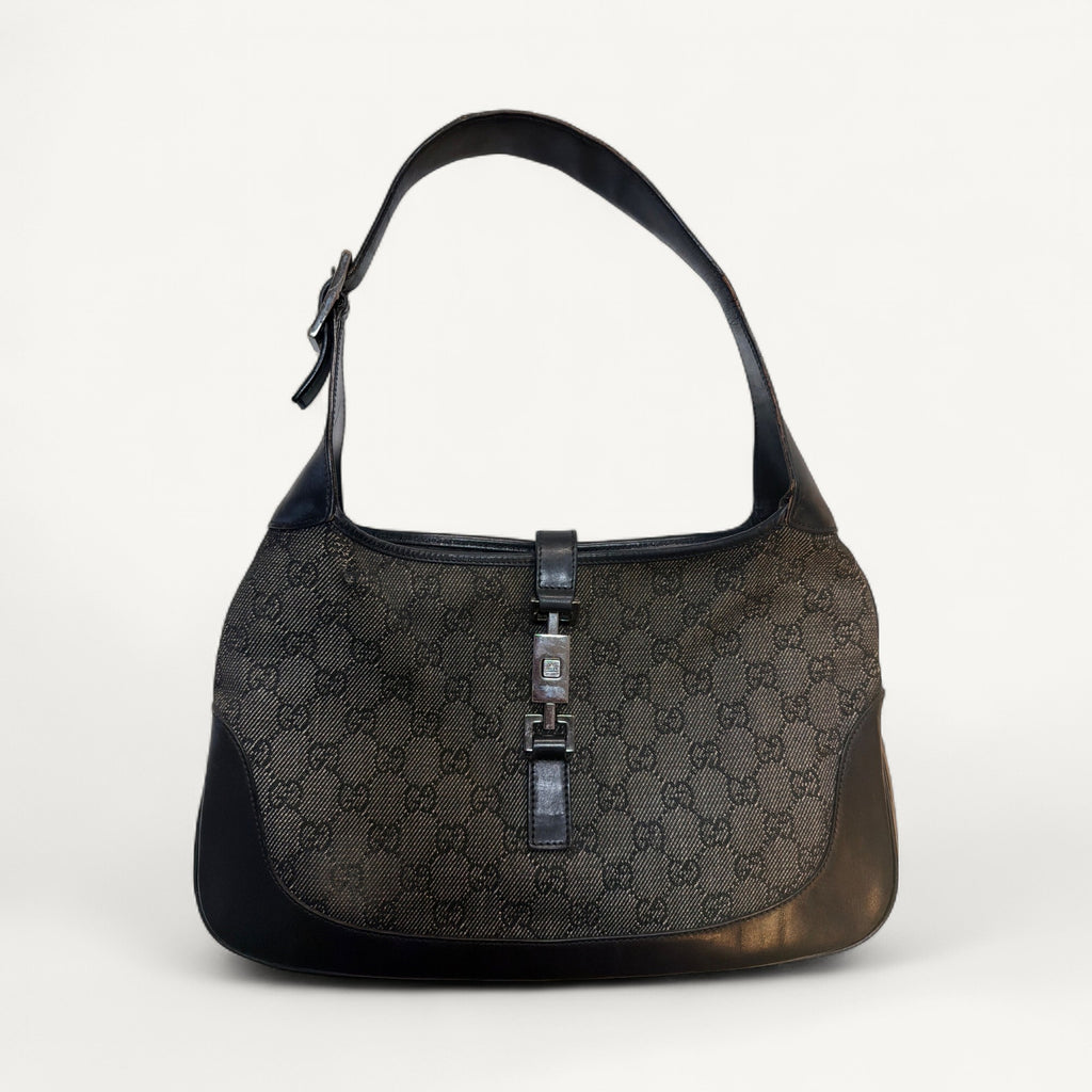 Gucci Monogram Canvas Jackie Lock Hobo Shoulder in Black