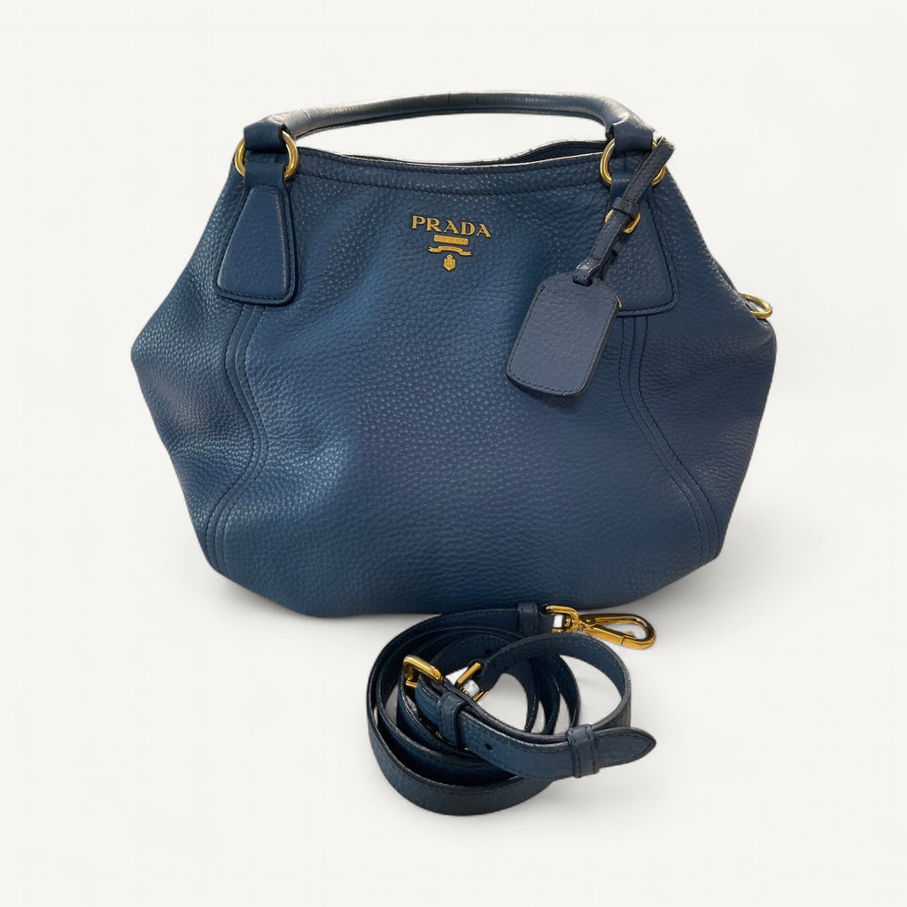 Prada Vitello Daino Convertible Two Way Crossbody Bag in Navy