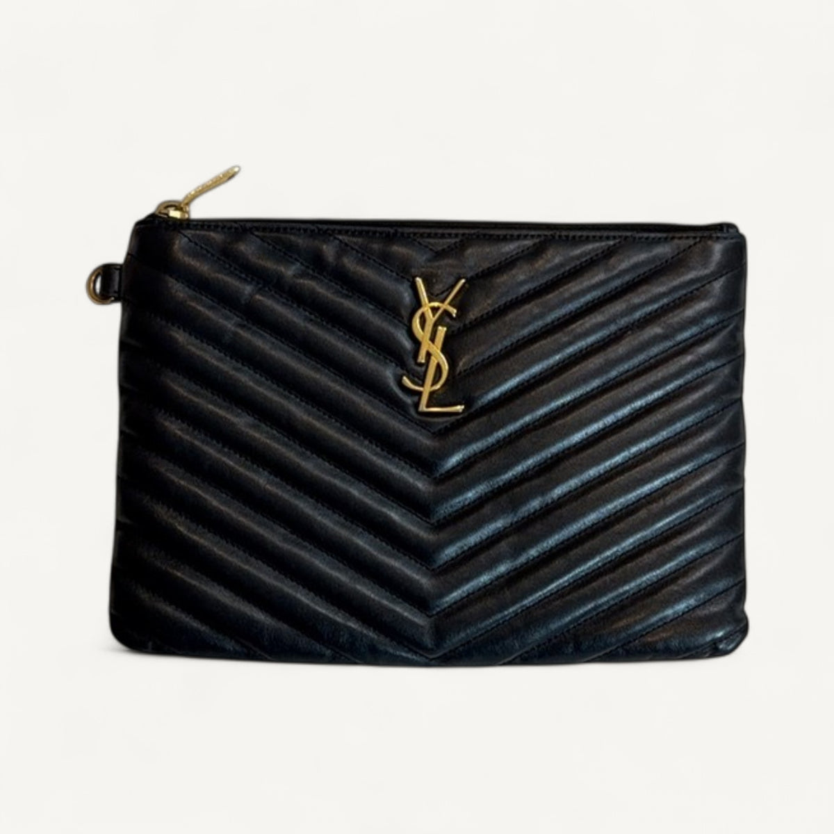 Saint Laurent Matelasse Chevron Zipper Clutch Small in Black