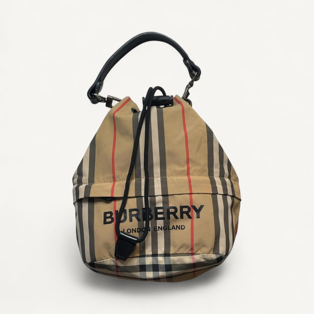 Burberry Vintage Check & Icon Stripe Drawstring Bucket Bag in Brown
