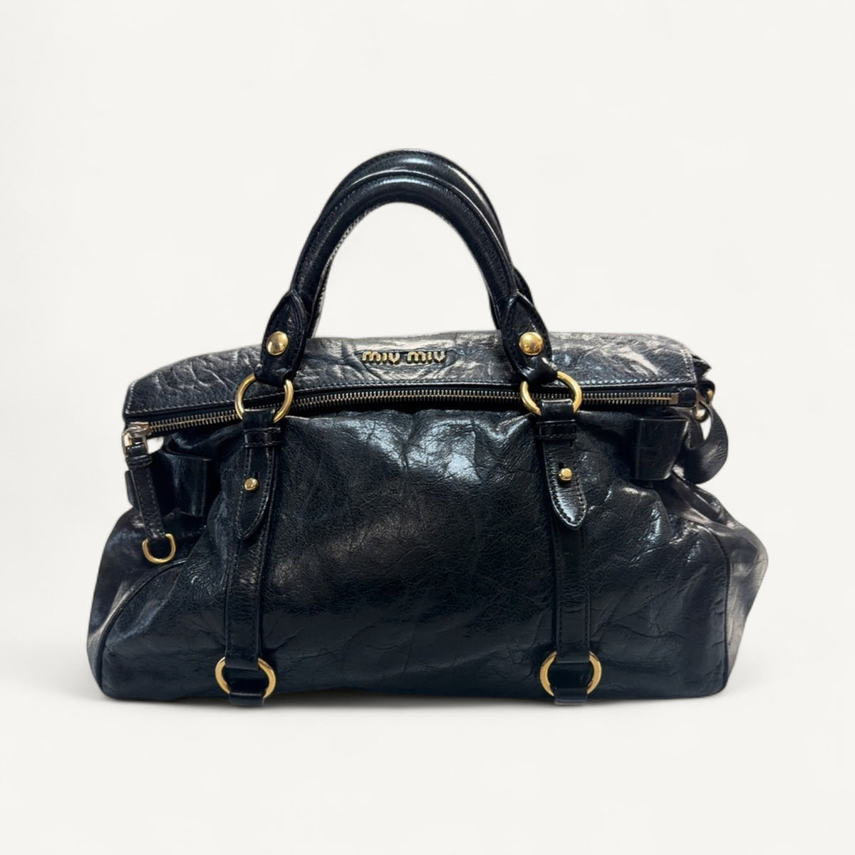 Miu Miu Bow Shine Leather Top Handle Tote in Black