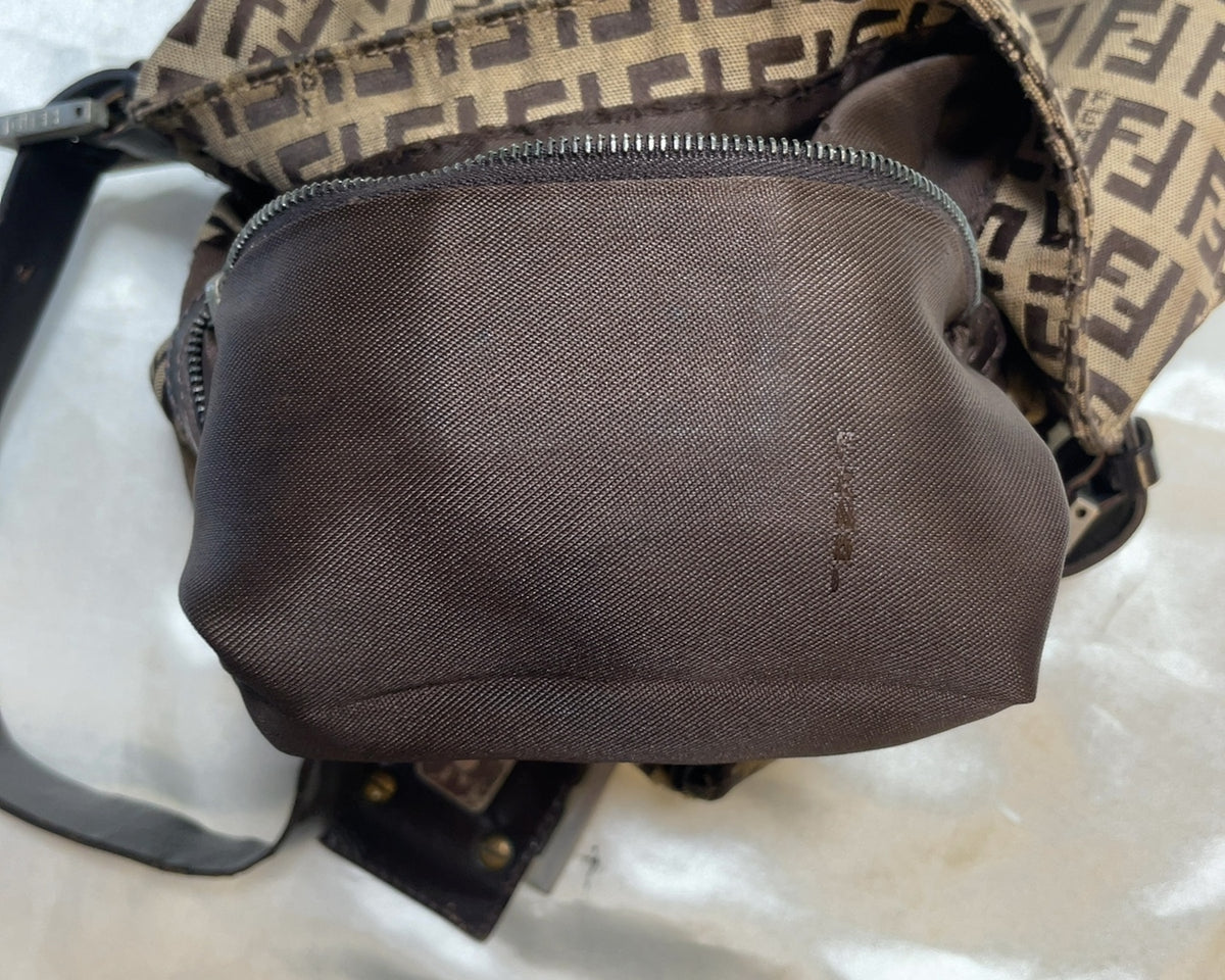 Fendi FF Logo Canvas Double Flap Shoulder Bag in Brown & Dark Brown