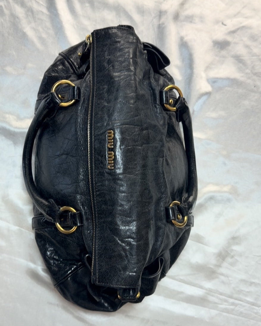 Miu Miu Bow Shine Leather Top Handle Tote in Black
