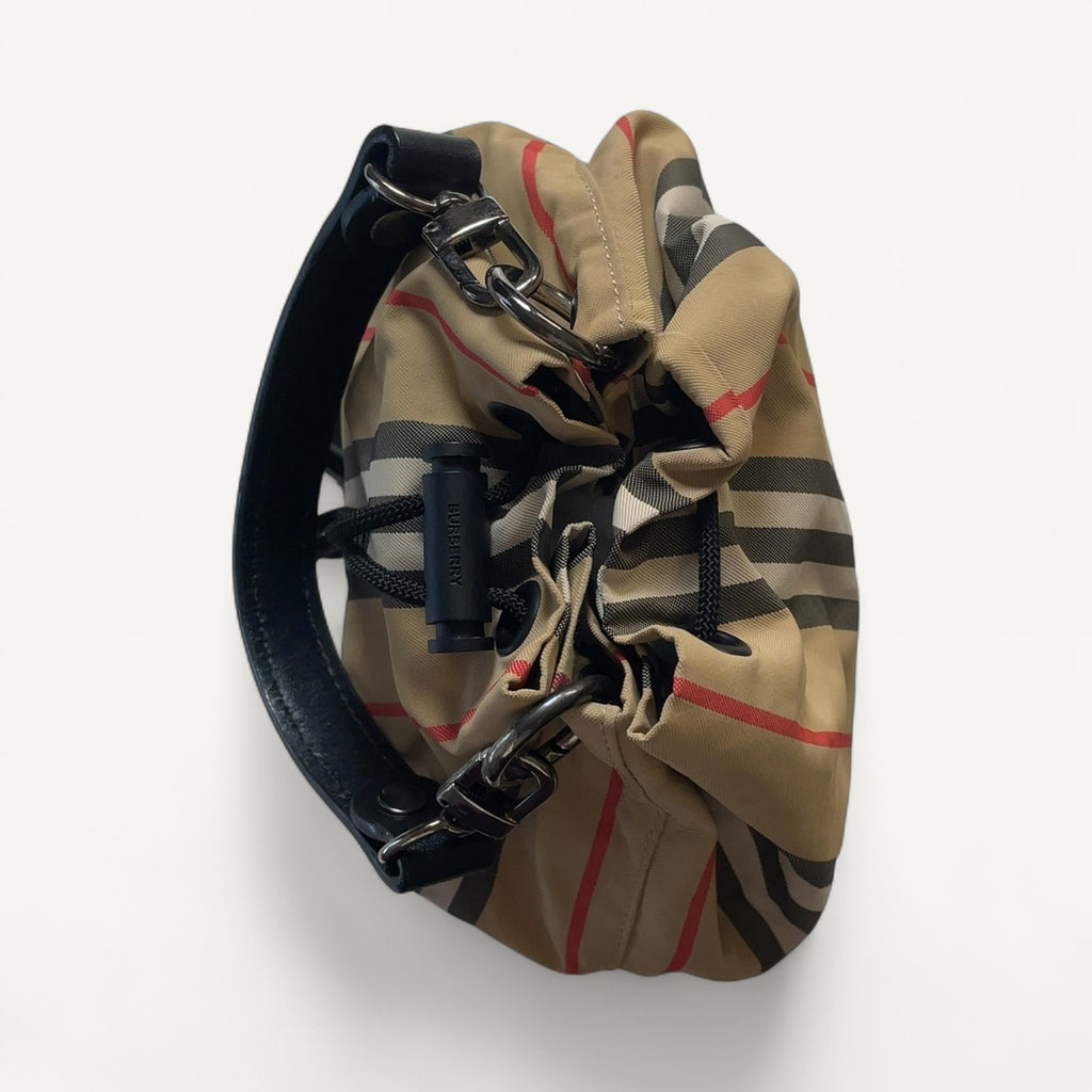 Burberry Vintage Check & Icon Stripe Drawstring Bucket Bag in Brown
